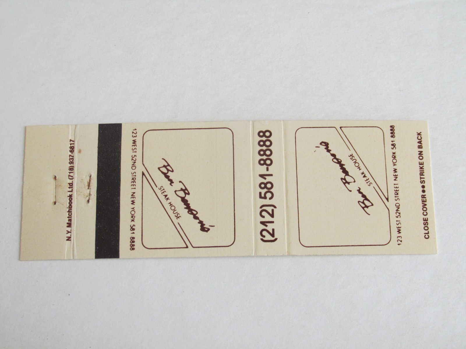 AB446 Vintage Matchbook Cover Ben Benson's Steak House New York NY New