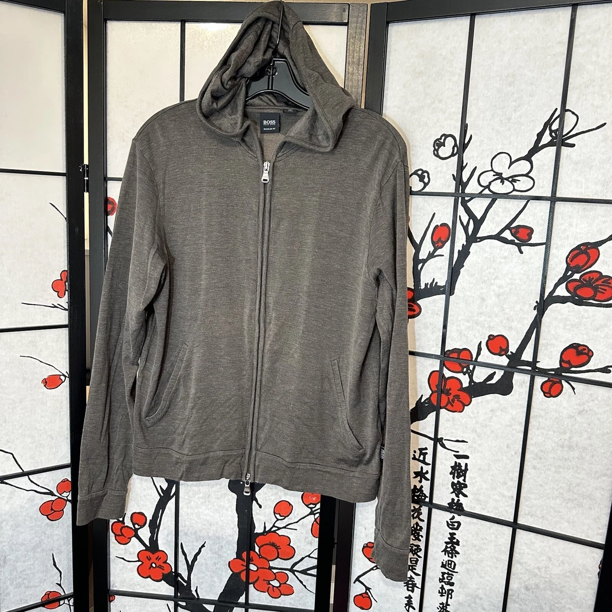 Hugo Boss Size S Mens Cotton Silk Long Sleeve Hooded Sweater Full Zip Taupe Gray