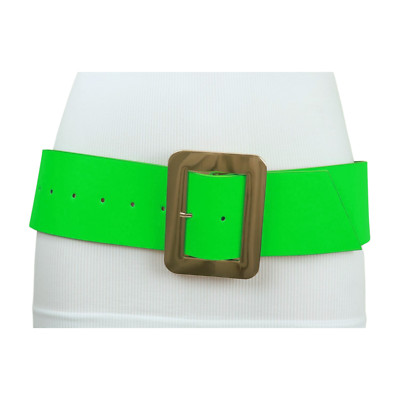 Women Neon Green Bold Bulky Statement Fashion Belt Gold Metal Square Buckle S M