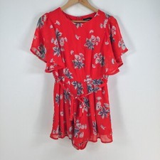 ValleyGirl womens playsuit romper size 10 red floral short sleeve belted 056355