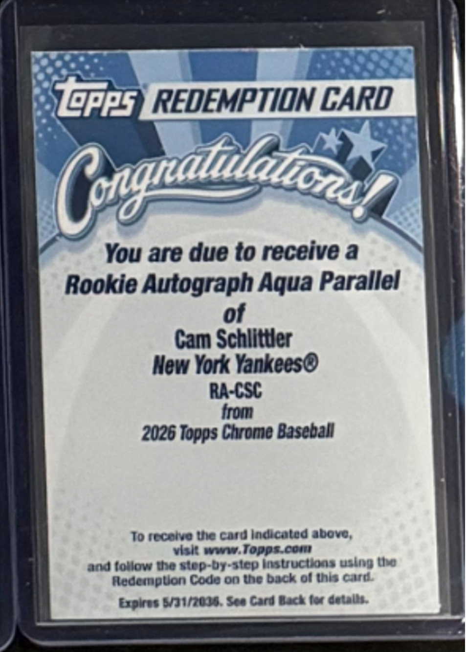 🦷SC 2026 TOPPS CHROME AQUA AUTO RC CAM SCHLITTLER /199 redemption
