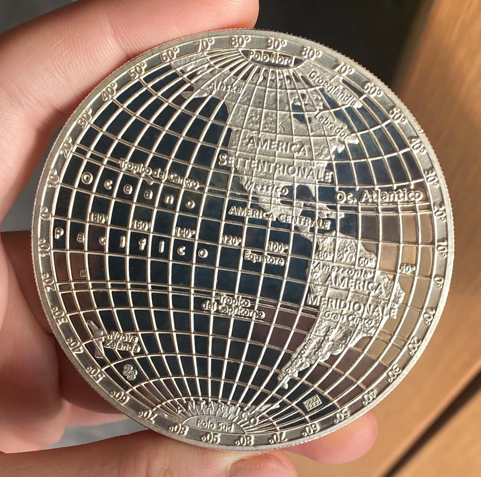 ITALIA 5 OZ ONCE MAPPAMONDO PROOF ARGENTO SILVER PURO 999 GEM MOLTO RARA - Immagine 2 di 4