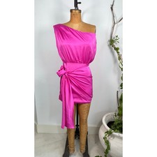 Vintage Hot Pink One-Shoulder Ruched Mini Dress with Draped Side Tie 