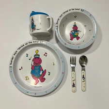 1992 Barney Says Strike Up the Band Children Plate, Bowl, Sippy Cup, Fork, Spoon