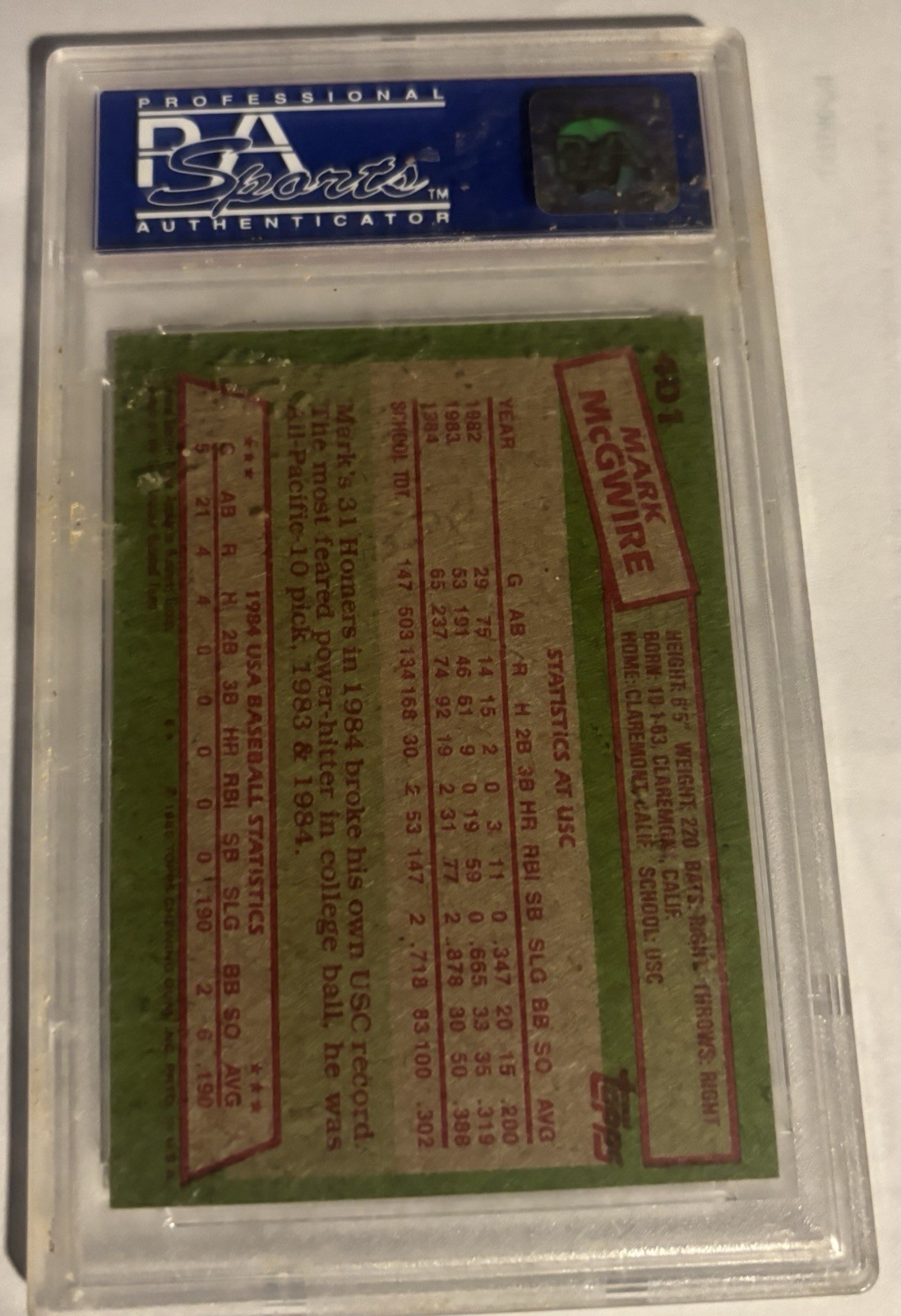 1985 topps mark mcgwire 401 psa 8 view 2
