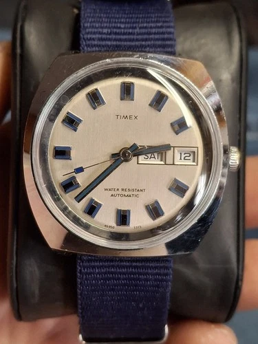 Timex Viscount 1973 Silver Tone Blue Indice Mens Vintage 1970s Automatic Self...