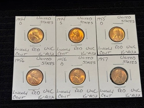 UNITED STATES 1954 D TO  1957  LINCOLN  WHEAT CENTS  6 COIN UNC  LOT  J31