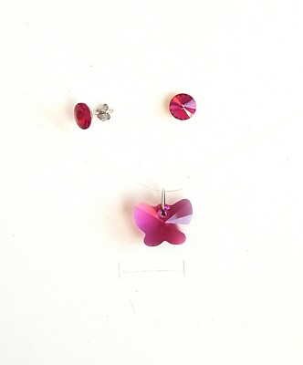 Schmetterling Anhänger und Ohrringe mit Swarovski Elementen Fuchsia und Silber 925