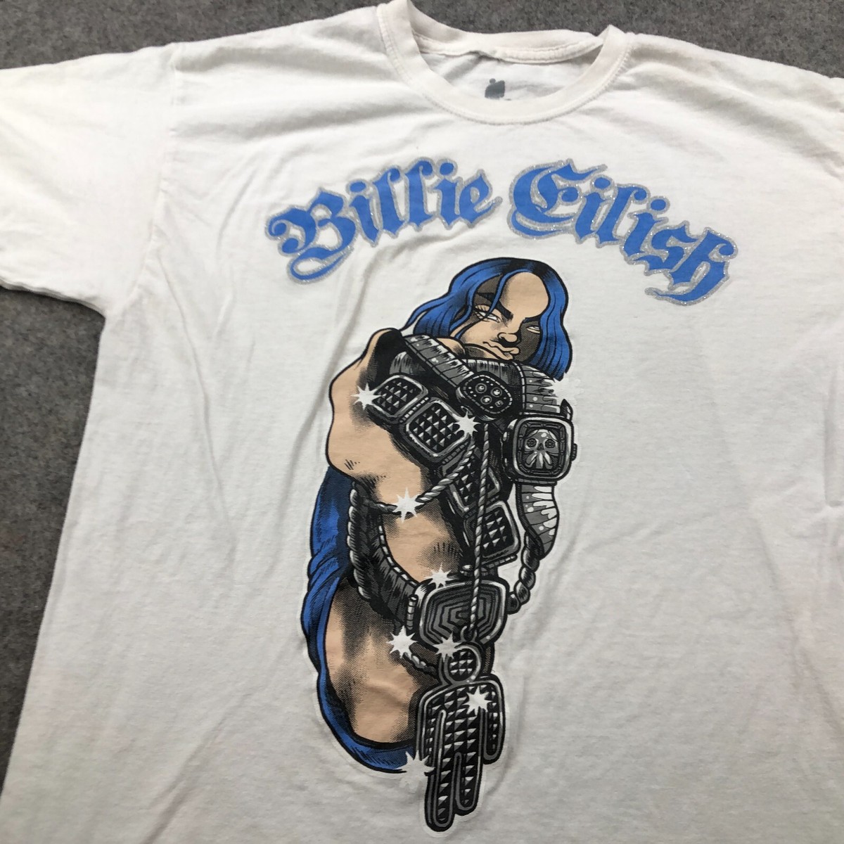 Billie Eilish Shirt Womens Large White Blue Bling Band