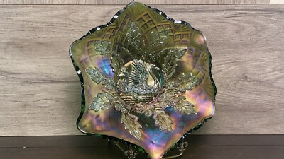 Millersburg Carnival Glass Nesting Swan Ruffled Bowl Diamond Fan Green Vintage
