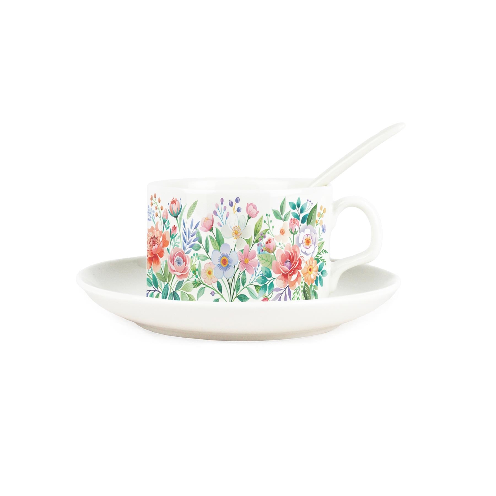 Floral Bouquet Cup & Saucer Set with Spoon - Porcelain Floral Gifts for Her