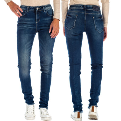 Damen Jeans Stretch Röhre Hose Slim Stright Fit Hüftjeans Auffällig Used-Look 