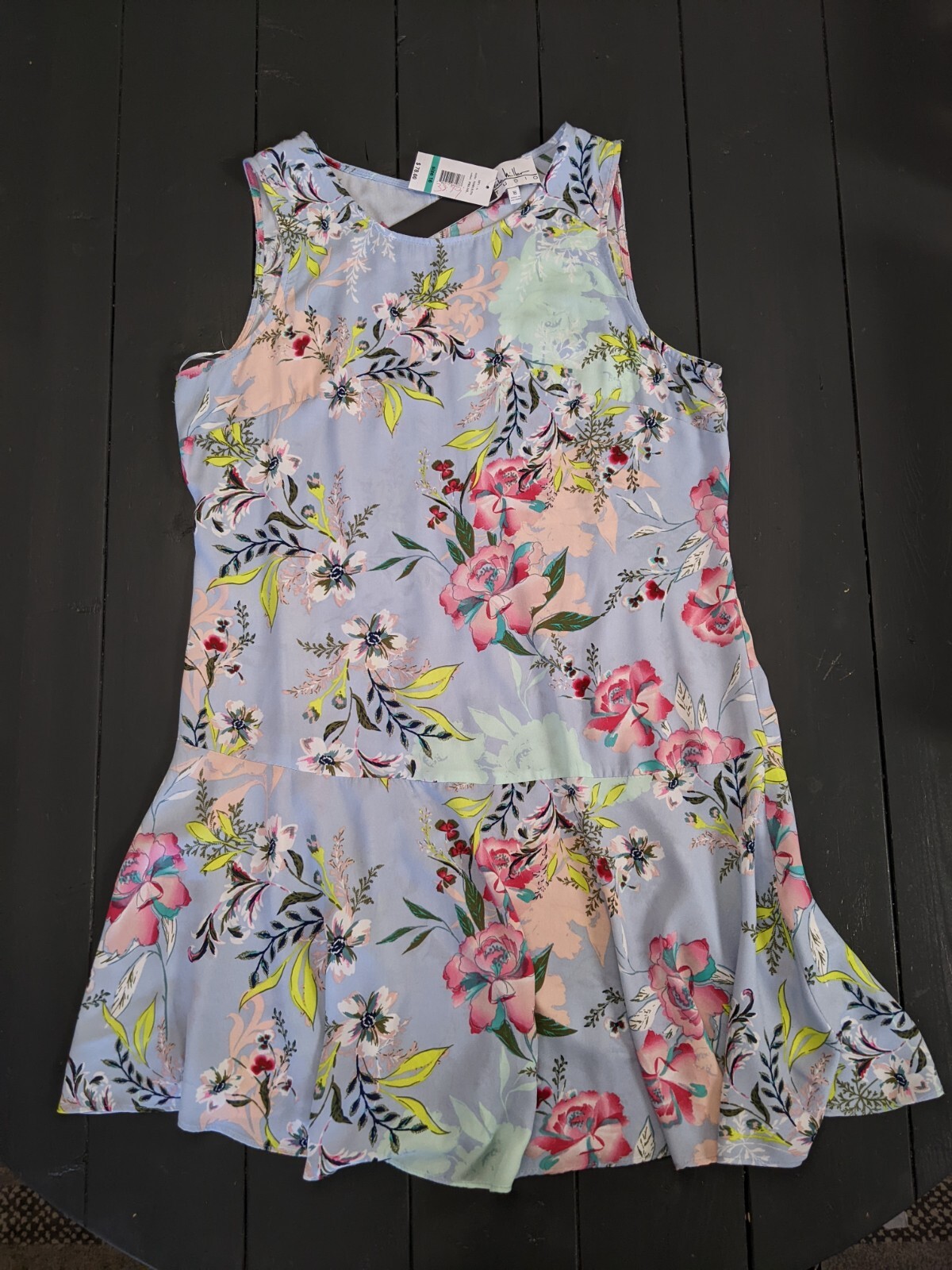 Nicole Miller Studio Blue Floral Drop Waist Sleeveless Dress Size 16 NWT
