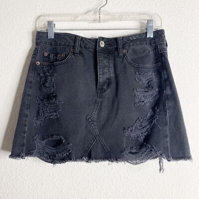 American Eagle Outfitters Black Distressed Denim Button-Fly Mini