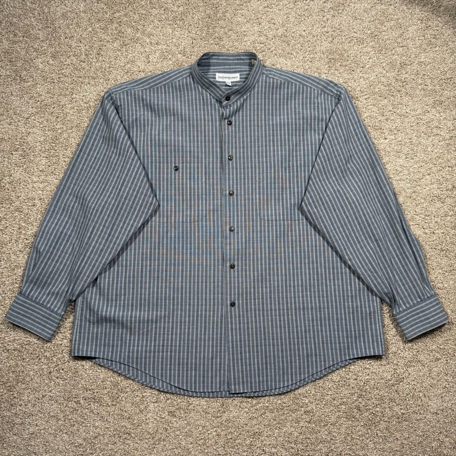 Camicia elegante uomo vintage Yves Saint Laurent blu a righe con colletto a fascia taglia XL