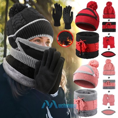 Women Men Winter Warm Knit Slouchy Hat Cap Scarf Touch Screen Gloves Mask Set