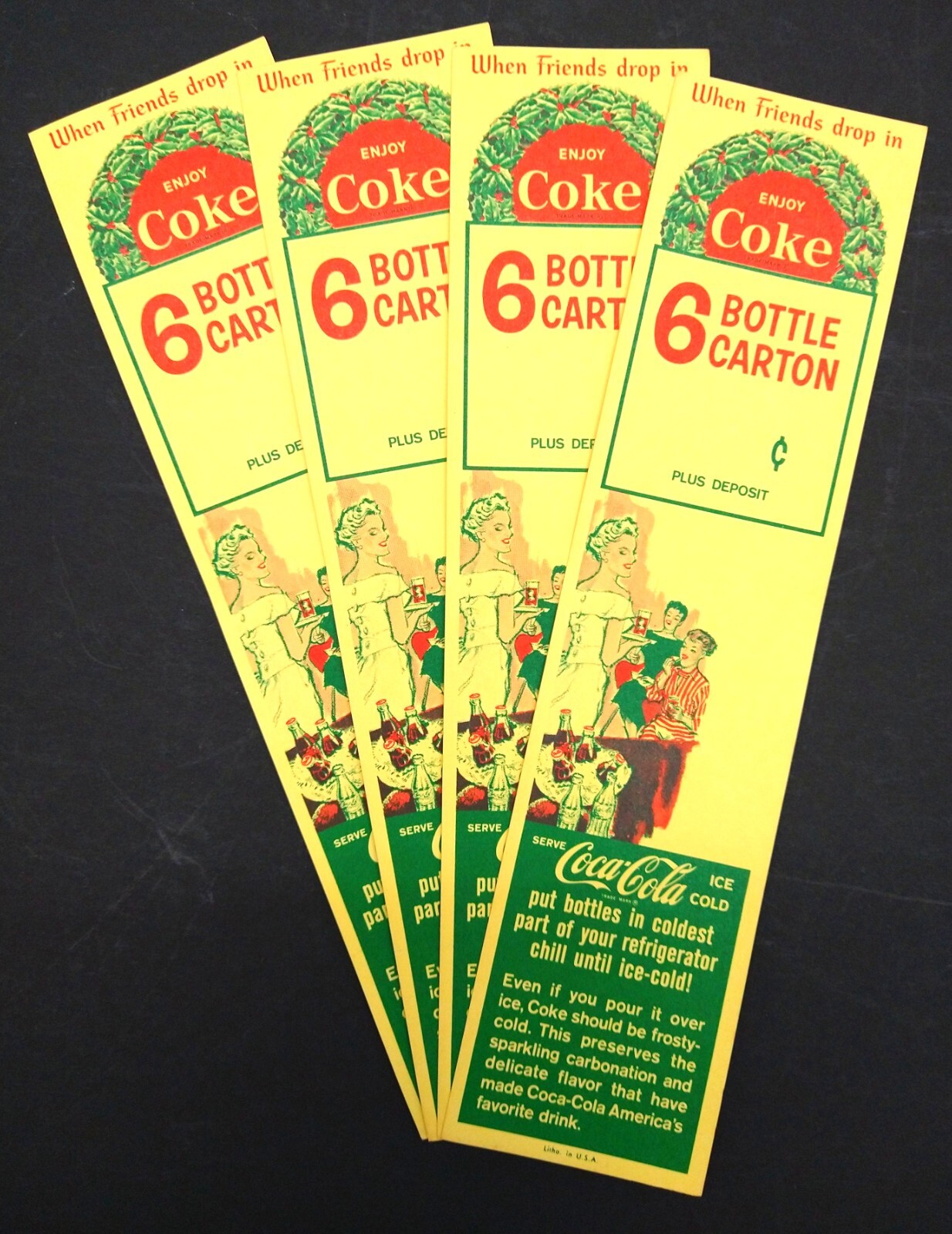 Lot of 4 Vintage Original COCA-COLA carton inserts 1950s New Old Stock NOS Coke