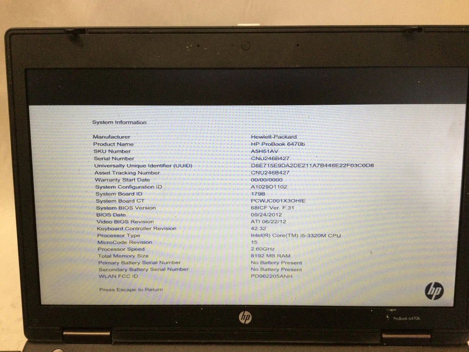 HP PROBOOK 6470B - FOR PARTS - INTEL I5 3320M - 8GB RAM - READ DESCRIPTION - BB! - Image 4 of 4