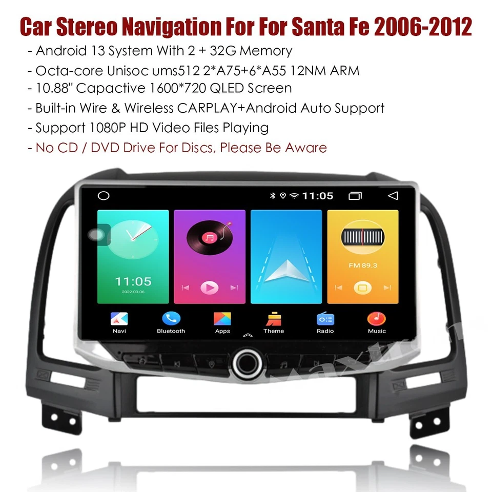 Car Radio Navigation Stereo Headunit For Hyundai Santa Fe 2006-2012 Carplay Auto - Image 2 of 4