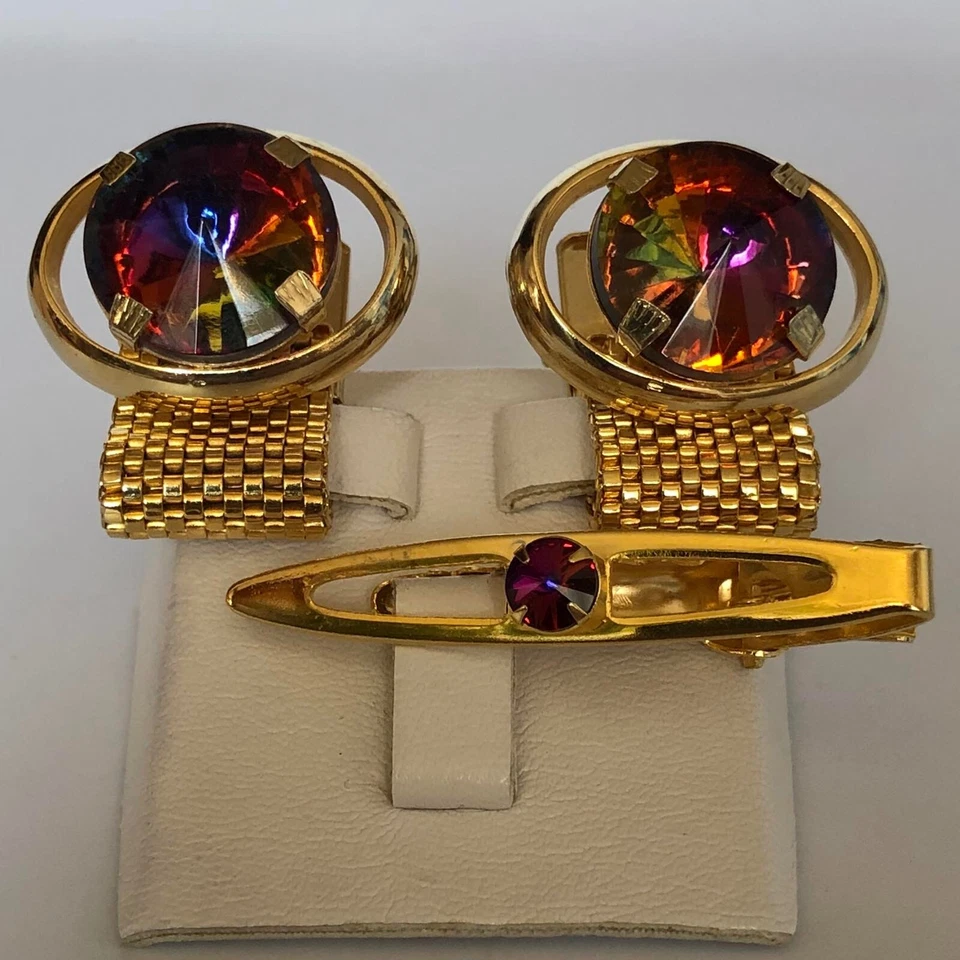 Conjunto de gemelos vintage para hombre clip de corbata latón dorado cristal místico Foto 4 de 4