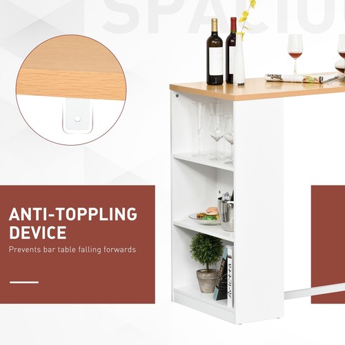 Bar Table with 3Tier Storage Shelf Pub Desk Metal White Wood