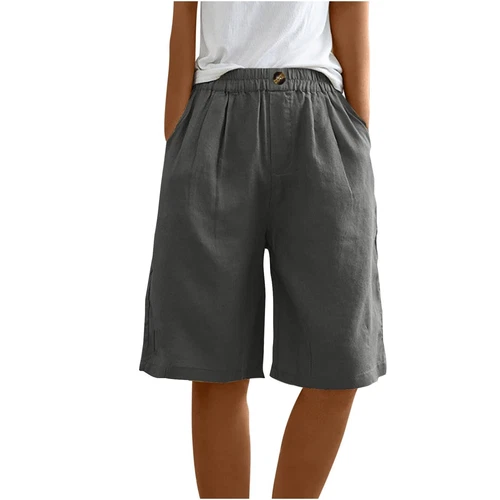 Womens Solid Color Pants Pocket Button Up Capris Loose Elastic Waist Shorts - Bild 11 von 63