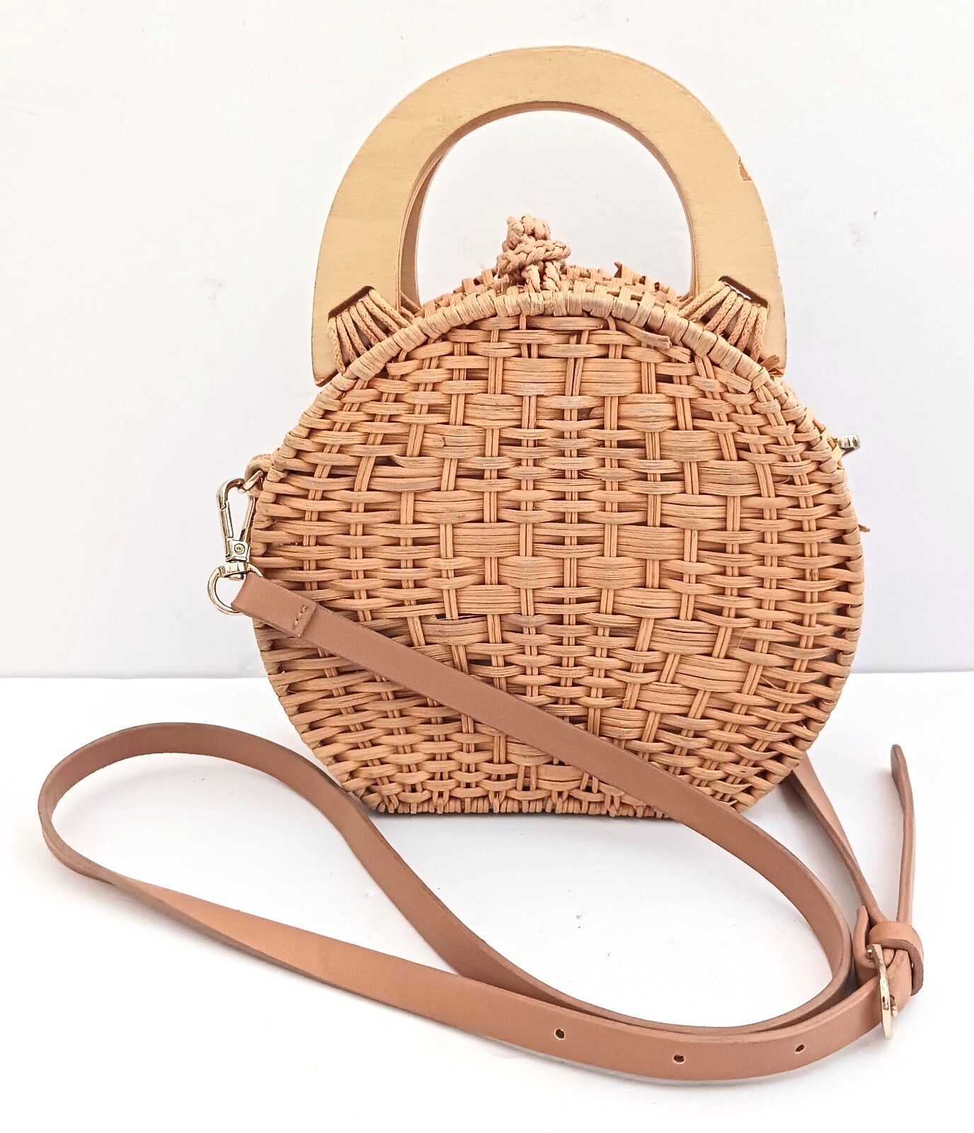 ZARA Woven Straw Rattan Small Crossbody Wood Top Handles Leather Strap
