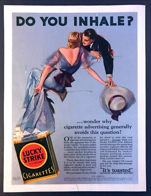 1932 Man & Woman Talking Smoking Do You Inhale? Lucky Strike Cigarettes print ad