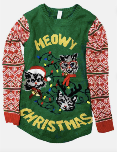 No Boundaries Womens Meowy Christmas Kitty Cat Holiday Sweater XXL Green XM EXC