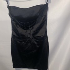 BEBE Womens Black Strapless Ruched Satin Cocktail Dress Size Small