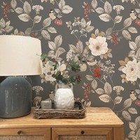 Belgravia Floral Trail Bramble Tapete 2303 Charcoal Folk VöGel BläTter Blumen