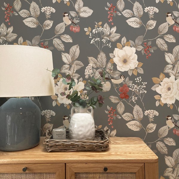 Belgravia Floral Trail Bramble Tapete 2303 Charcoal Folk VöGel BläTter Blumen-image