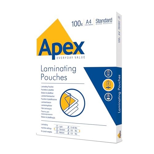 Fellowes Apex A4 Laminating Pouches, Glossy Finish, 100 Sheets - Standard - 