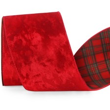 Red Crushed Velvet Wired Ribbon Green Tartan Reversible 4 Inch x 10 Yards