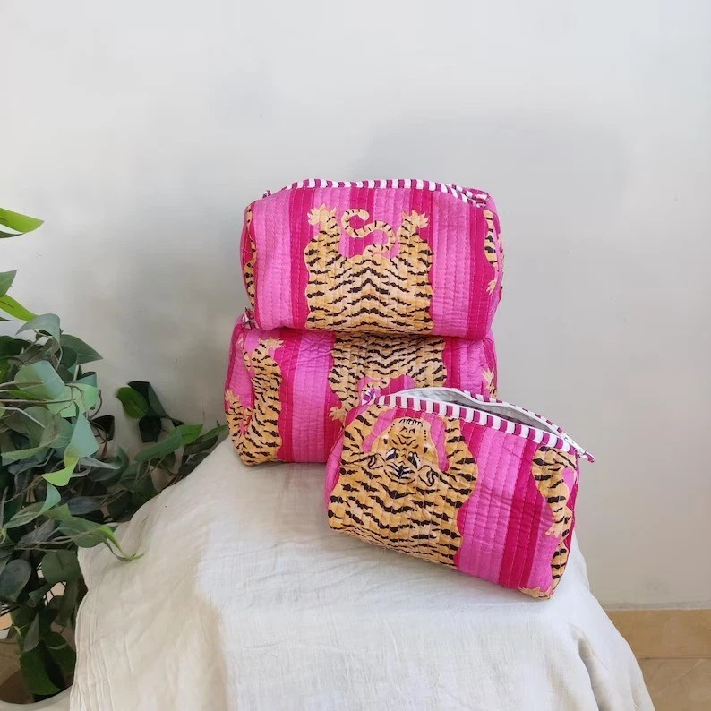 Indian Tiger Print Cotton Quilted Toiletry Purse Cosmetic Storage Bag Of 3 Pc US