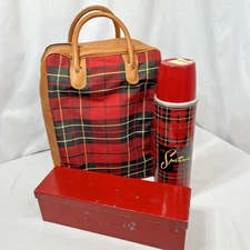 Picnic Set Sportsman Vacuum Thermos Lunchbox Set Picnic Red Plaid Bag Vintage