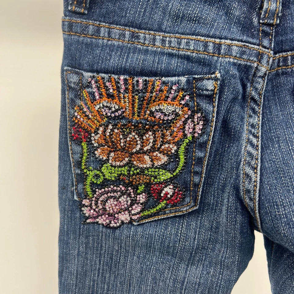 Pantalones de mezclilla Y2K Ed Hardy niños niñas corte bota adornados con logotipo floral bolsillo talla 6 Foto 4 de 4