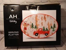 NEW IN BOX red truck / Christmas tree AUTHENTIC HOME 12.75" X 8" serving platter