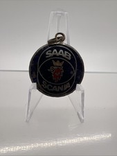 Saab-scania Blue Enamel Key Ring Fob W Return If Lost Info - Vintage