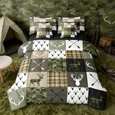Green Camo Comforter Set for Kids - 7 Piece Rustic Deer Bedding Set