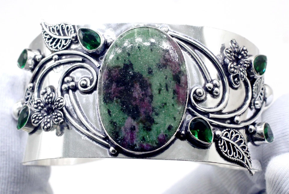 Ruby Zoisite Gemstone 925 Sterling Silver Jewelry Cuff Bracelet Size-ADJ - Image 2 of 3
