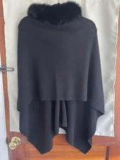 Alashan LUXE Poncho Black, Real 100% Cashmere and Fox Fur Trim. Fits Like a (M)