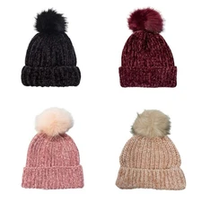 Women’s Chenille Knit Beanie Hat with Faux Fur Pom Pom – Soft Winter Warm Cap –
