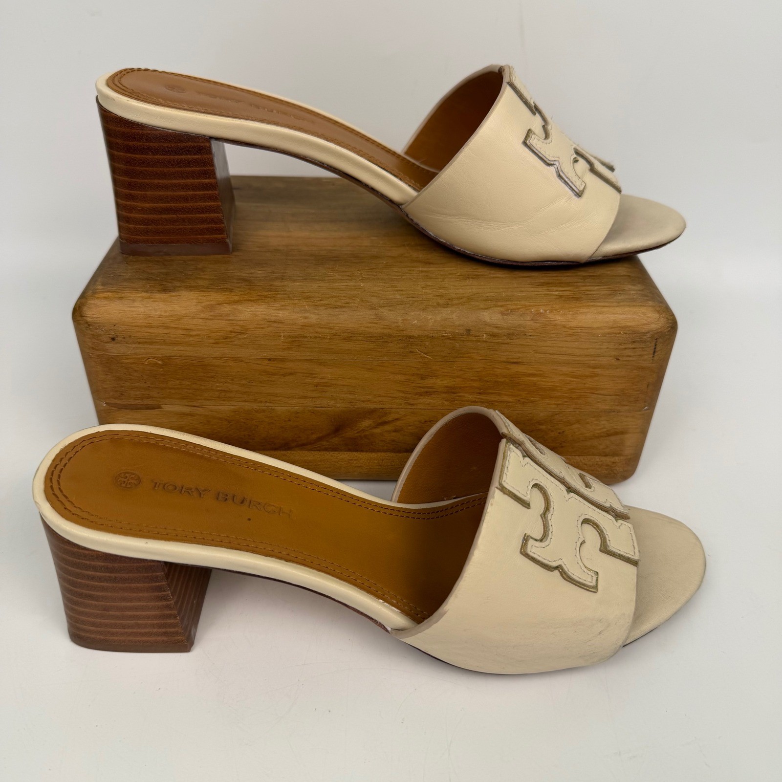 Tory Burch Women's Size 6.5 Ines Slide Sandals Cream Leather Block Heel thumbnail 3