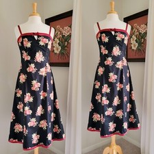 90s Black Floral Satin Bow 1990s Vintage Fit & Flare Midi Length Cotton Dress