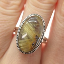 925 Sterling Silver Vintage Real Rutilated Quartz Spiral Oxidized Ring Size 7.25