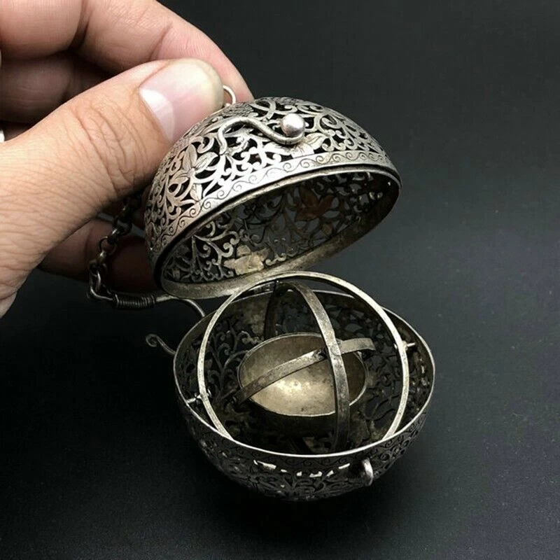 Exquisito quemador de incienso antiguo chino tibetano plateado hecho a mano Foto 3 de 4