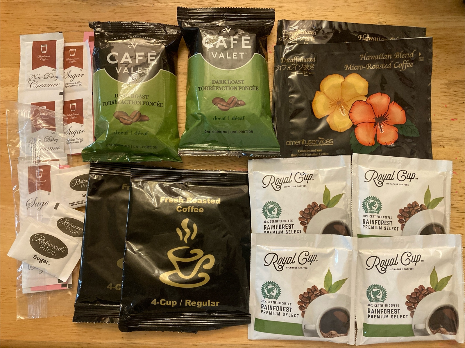 10 ct. Roasted Coffee Decaf/Caffeine & Free Condiments Hawaiian, French, Arabica