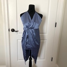 Cider Womens Blue Halter Wrap Dress Elegant Sleeveless Design With Tie Back