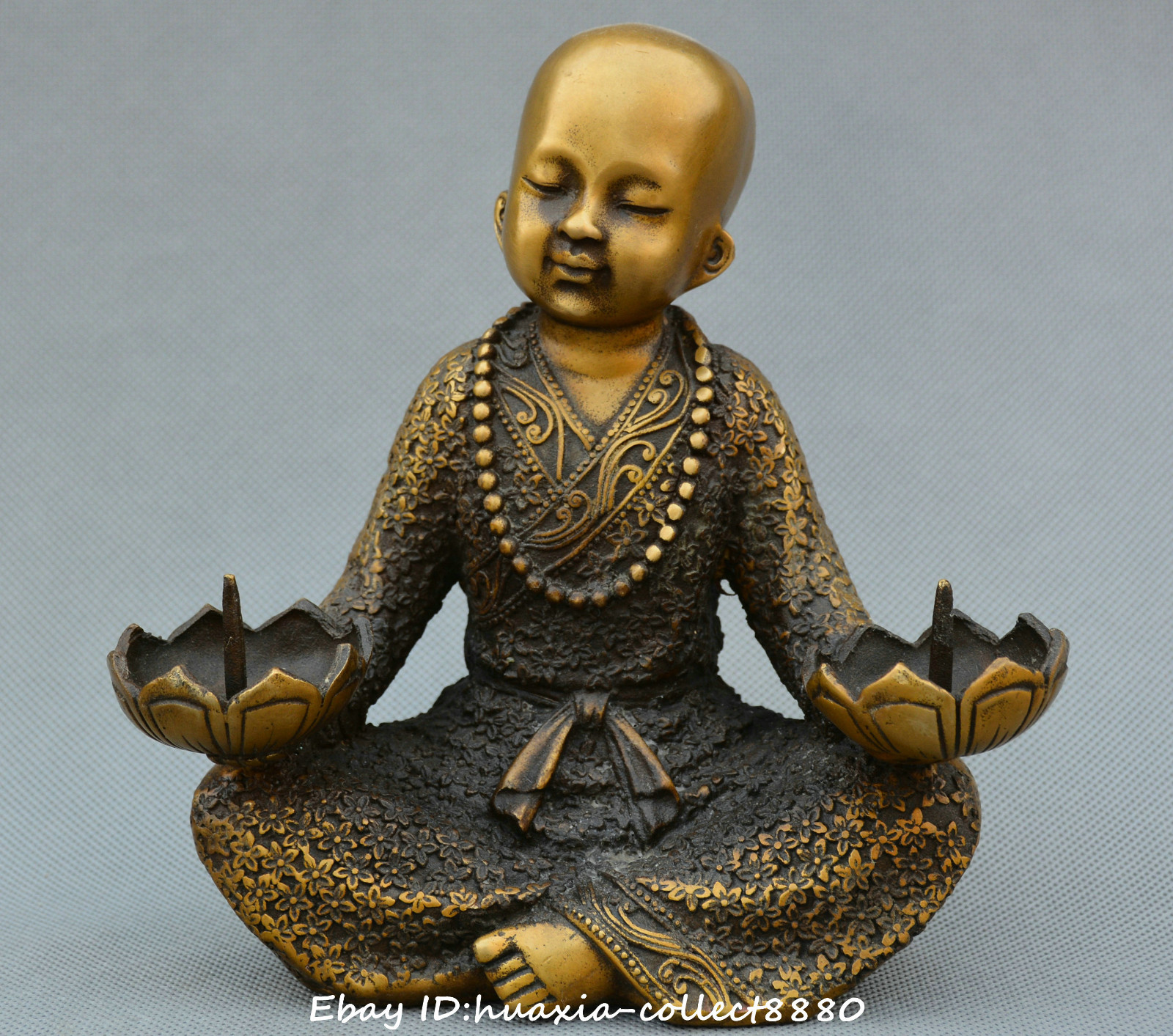 18cm China Old Bronze Carve Buddhist Monk Statue Candlestick Incense Burner